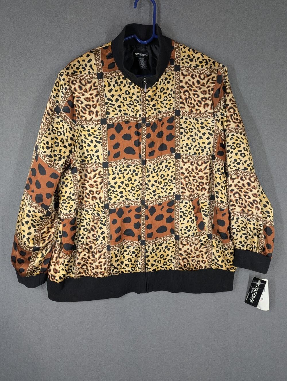 Vintage Notations 100% Silk Leopard Print Patchwork Bomber Jacket 1X NWT